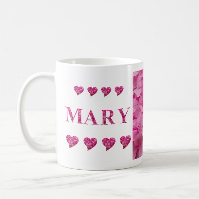 "Mary" Rosa Hydrangea Blommigt Brev & Cute Hearts Kaffemugg (Vänster)