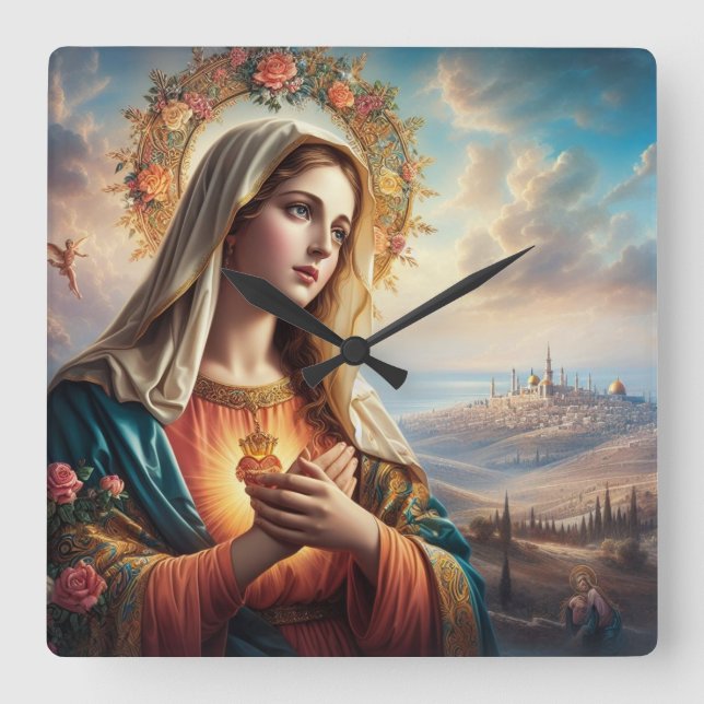 Mary Virgin Jesus Fyrkantig Klocka (Framsida)