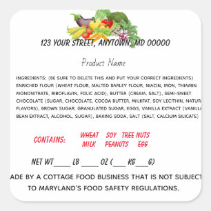 Maryland Cottage Law Label for home food business Fyrkantigt Klistermärke