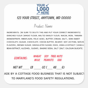 Maryland Cottage Law Label for home food business Fyrkantigt Klistermärke