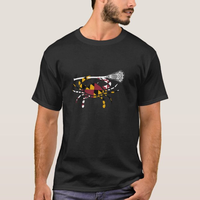 Maryland Crab Holding Lacrosse Stick Boys Girls LA T Shirt (Framsida)