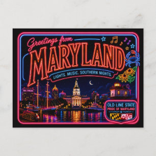 Maryland Neon State Retro Vintage Vykort