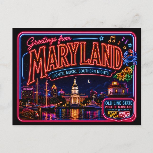 Maryland Neon State Retro Vintage Vykort (Framsida)