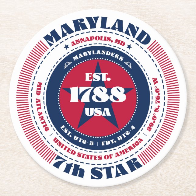 Maryland Rött vitt blått Typografi Underlägg Papper Rund (Framsidan)