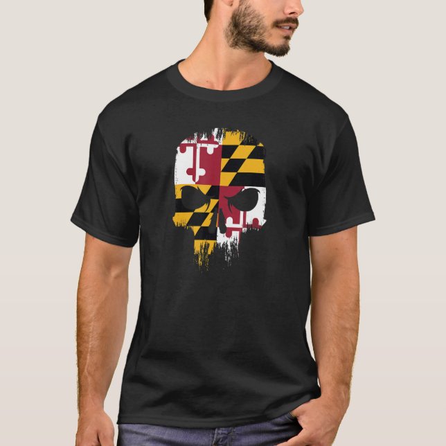 Maryland State Flag Skull MD State Pride Grunge Sk T Shirt (Framsida)