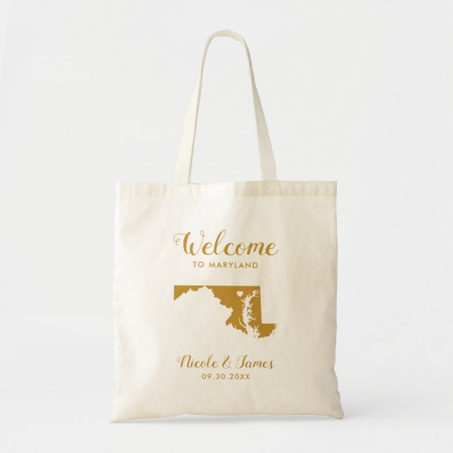 Maryland State Karta Bröllop Welcome Bag Tote, Gul Tygkasse (Framsidan)