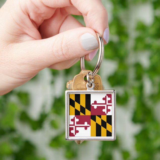 Maryland Statlig flagga Fyrkantig Silverfärgad Nyckelring (Hand)
