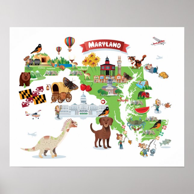 Maryland Tecknad Karta Poster (Framsidan)