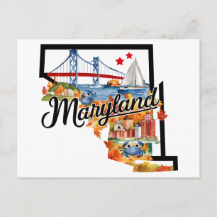 Maryland USA Delstat Formgiven Vintage Vattenfärg Vykort