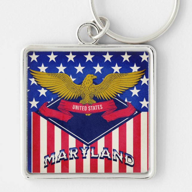 Maryland USA flagga Fyrkantig Silverfärgad Nyckelring (Framsidan)