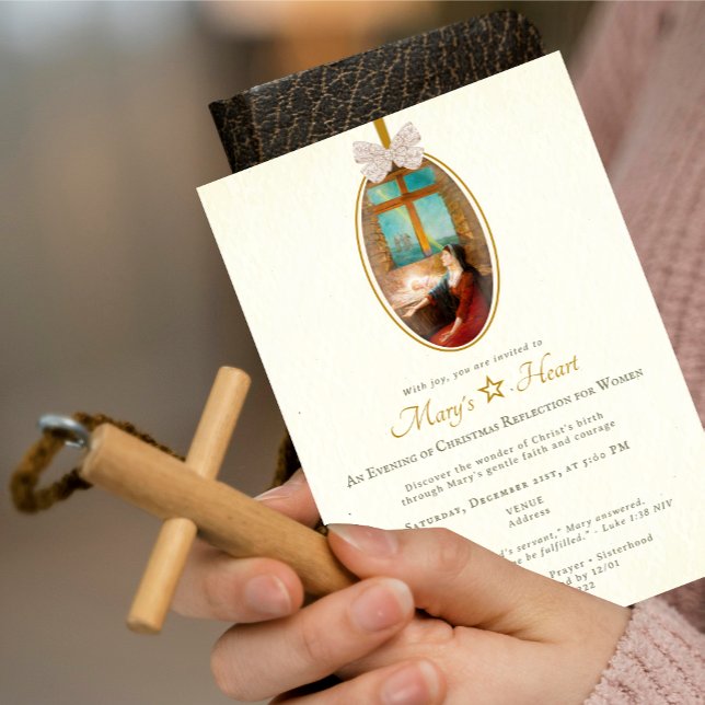 Mary's Heart Christmas Vintage Bow Women Ministry Inbjudningar (Mary's Heart Christmas Vintage Bow Women Ministry Nativity Religious Spiritual Event Invitation)