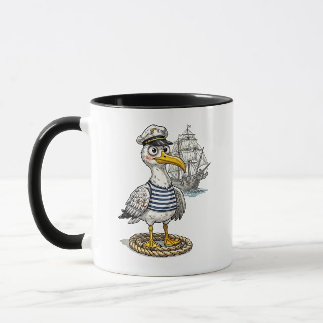 Mås Sjöman med Rep och Fartyg Bakgrund Mugg (Vänster)
