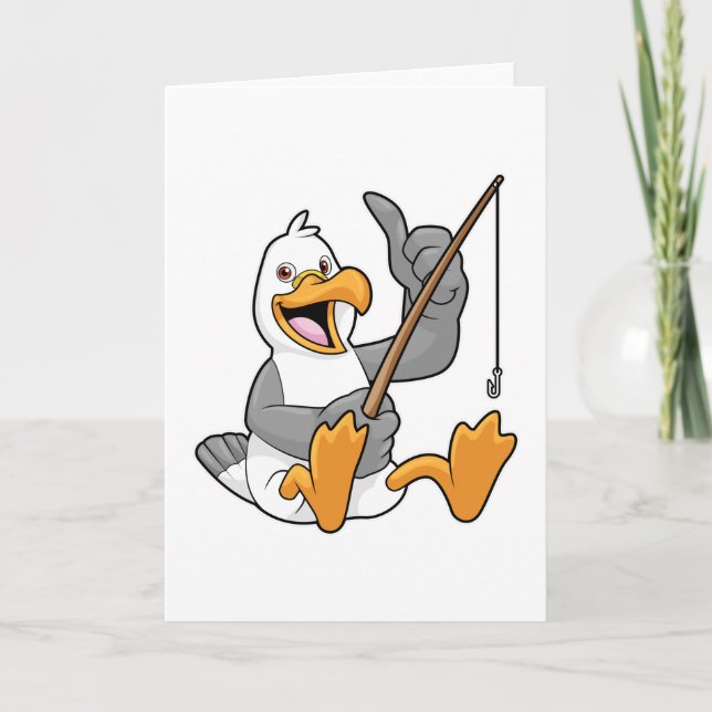 Mås vid fiske med fiskespö kort (Framsida)