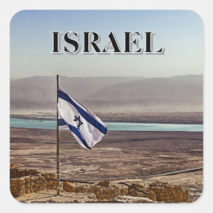Masada-vy med israelisk flagga fyrkantigt klistermärke