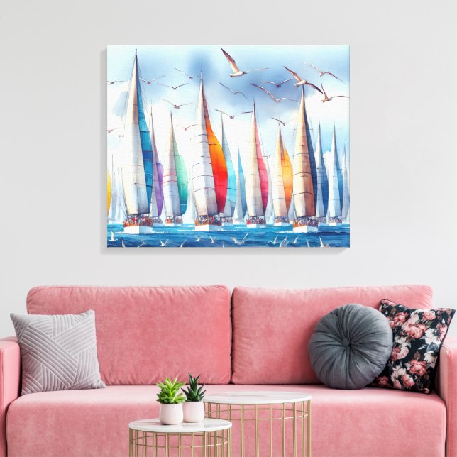 Måsar som svävar över en segelbåtsregatta canvastryck (Insitu (Vardagsrum))