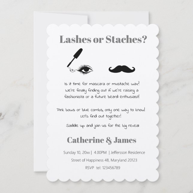 Mascara eller Mustache Funny Quirky Gender Reveal Inbjudningar (Framsida)