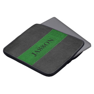 Masculine Black and Grönt Faux Leather Laptop Sleeve