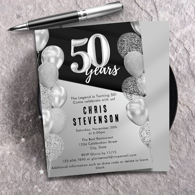 Masculine Black Silver-ballonger 50:e födelsedag Inbjudningar (Skapare uppladdad)
