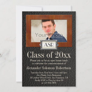 Masculine Boys Leather Wood Monogram Studenten Inbjudningar