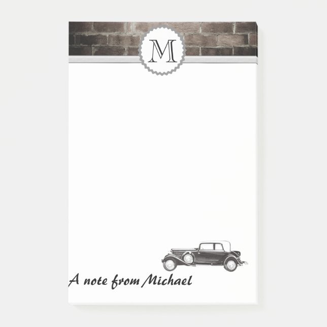 Masculine Brick wall classy old car monogram Post-it Block (Framsida)