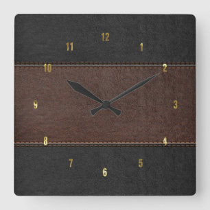 Masculine Brown & Black Stitched Leather Struktur Fyrkantig Klocka