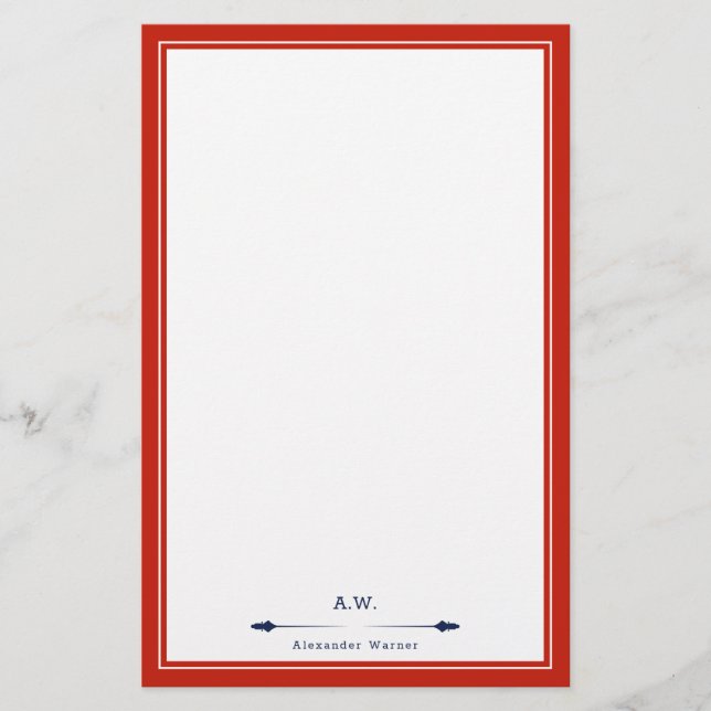 Masculine Elegant Red Navy Blue Monogrammed Brevpapper (Framsida)
