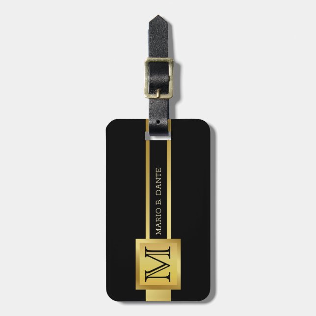 Masculine Executive Black & Silver Metall monogram Bagagebricka (Vertikal Framsida)