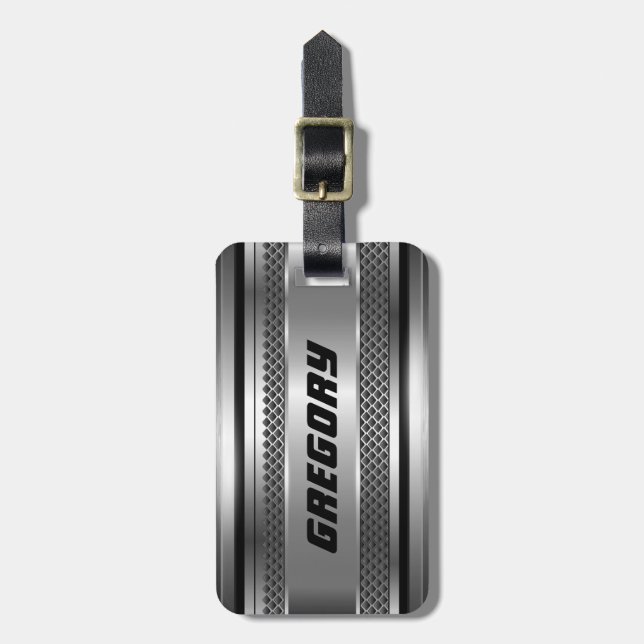 Masculine Faux Silver Rand Design Monogram Bagagebricka (Vertikal Framsida)