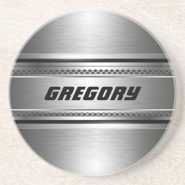 Masculine Faux Silver Rand Design Monogram Underlägg Sandsten (Framsidan)