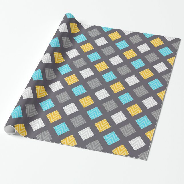 Masculine Grått Blue Gult Geometric Mönster Presentpapper (Utrullad)