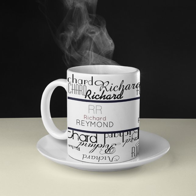 Masculine modern b/w typography namn mönster kaffemugg (Skapare uppladdad)
