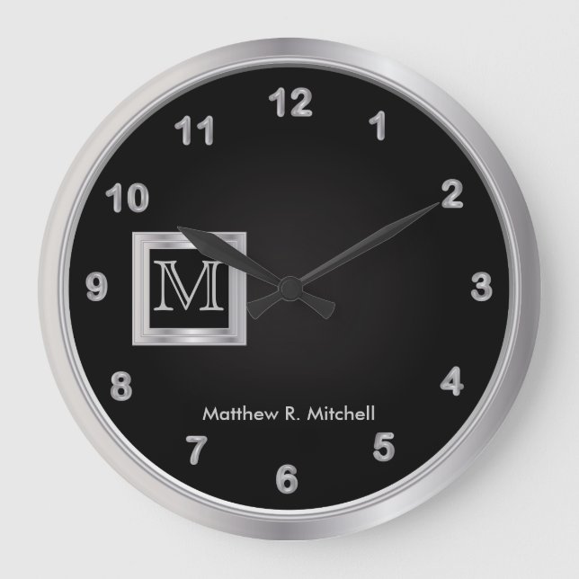Masculine Monogram Black och Silver Executive Stor Klocka (Framsida)