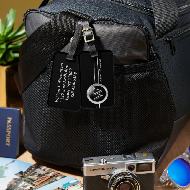 Masculine Monogram Executive Black Stil Bagagebricka (Fram & Baksida)