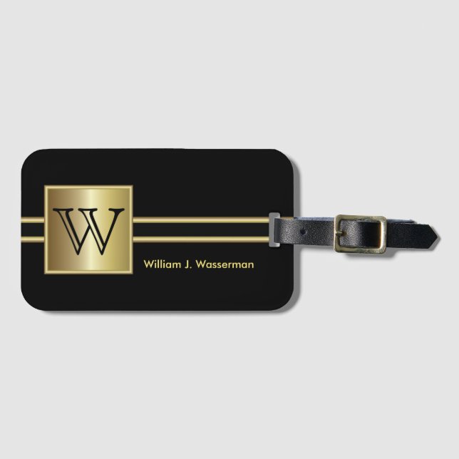 Masculine Monogram Executive Stil - Black & Guld Bagagebricka (Framsida horisontal)