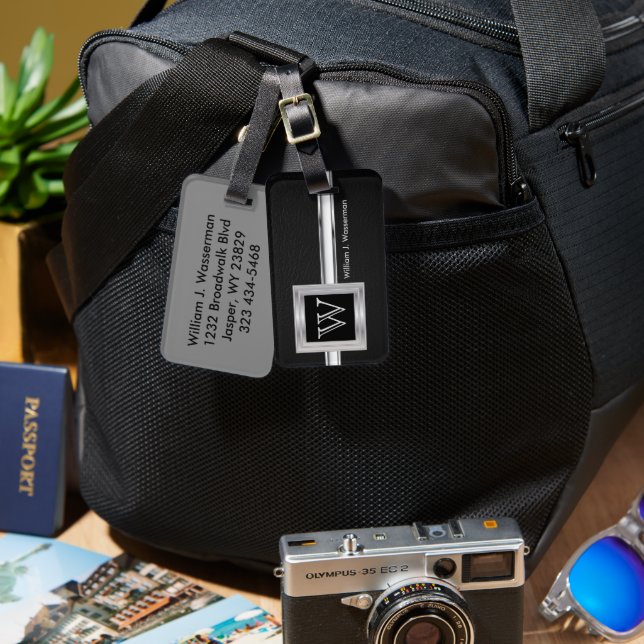 Masculine Monogram Executive Stil - svart läder Bagagebricka (Fram & Baksida)