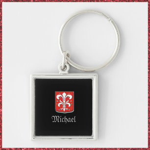 Masculine Red and Black Medieval Knight Shield Fyrkantig Silverfärgad Nyckelring