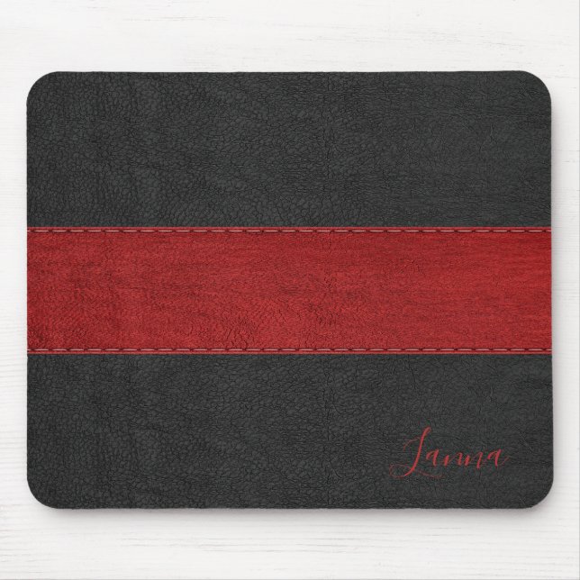 Masculine Red & Black Leather Monogram Mouse Pad Musmatta (Framsidan)