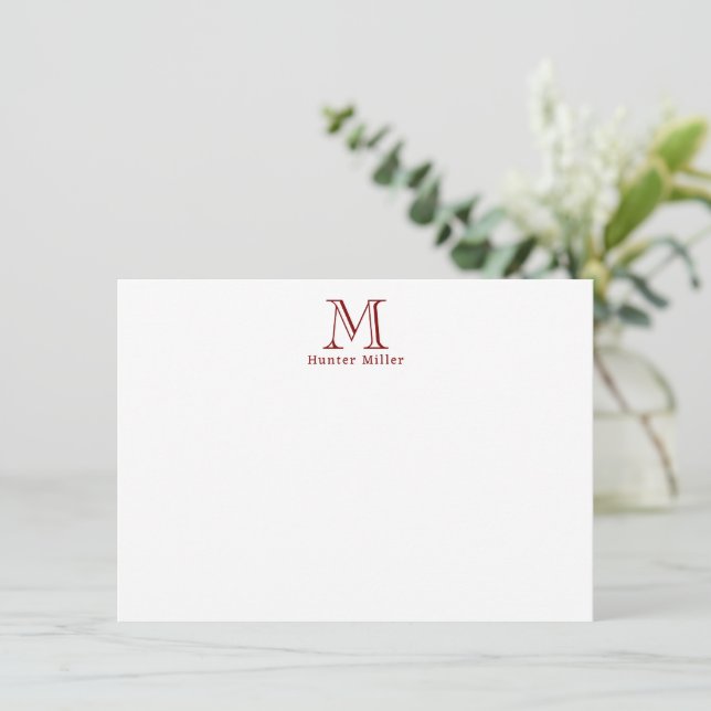 Masculine Red Initial Monogram och Namn Flat Note (Stående Fram)