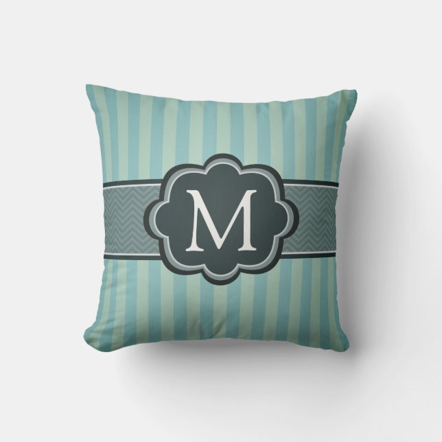 Masculine Teal Blue Rand Anpassningsbar Monogram Kudde (Framsida)