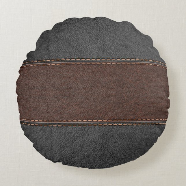 Masculine Vintage Black and Brown Läder Rund Kudde (Framsidan)