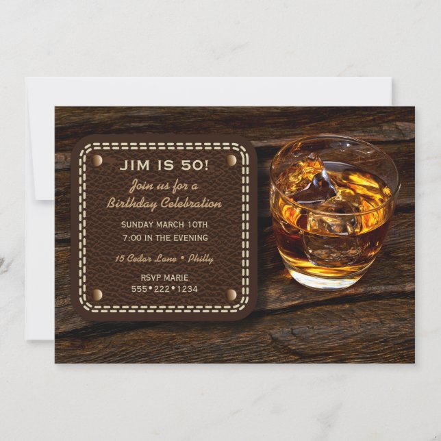 Masculine Whiskey Scotch Wood Leather Inbjudningar (Framsida)