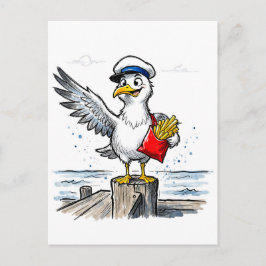 Måsen Stjäl Pommes Frites Marin Bläck Illustration Vykort