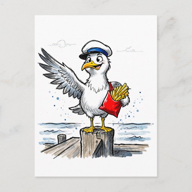 Måsen Stjäl Pommes Frites Marin Bläck Illustration Vykort (Framsida)