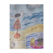 Måsfåglar på strand vykort