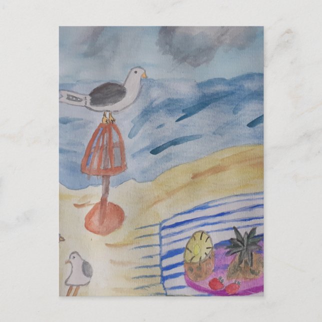 Måsfåglar på strand vykort (Framsida)