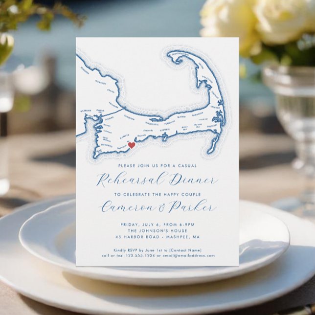 Mashpee MORSA Avslappnad Bröllop Rehearsal Dinner Inbjudningar (Mashpee MA Casual Cape Cod Wedding Rehearsal Dinner Invitation in Navy Blue from Coastal Map Designs)