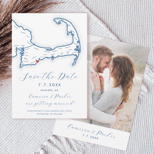 Mashpee MORSA Cape Cod Karta flottan Blue Bröllop Spara Datumet (Mashpee MA Cape Cod Map Save the Date in Modern Navy Blue with Photo Back from Coastal Map Designs)