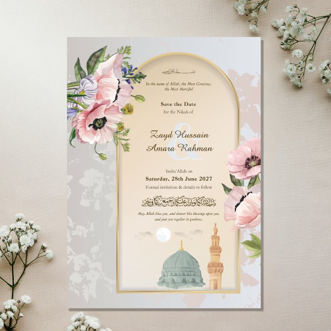 Masjid An-Nabawi Akvarell & Rosa Vallmoar Islamisk Spara Datumet (Skapare uppladdad)