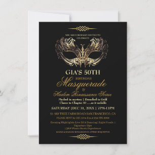 Mask Black Guld 50th Masqueraad Birthday Inbjudningar
