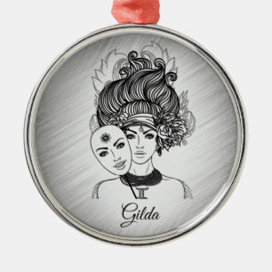 Mask Dam Gemini Zodiac Symbol och Sign Julgransprydnad Metall